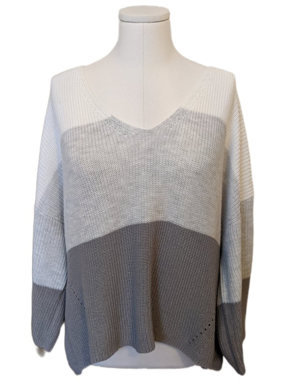 Gentle Fawn Colour Block Knit V-Neck Sweater Gray White Relaxed Cozy Neutral XL
